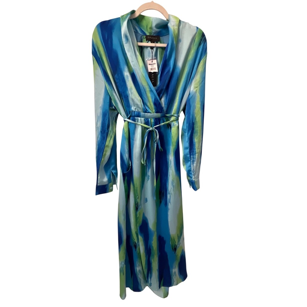 Gracia NWT Blue Green Abstract Brushstroke Satin Wrap Midi Dress Womens Size S